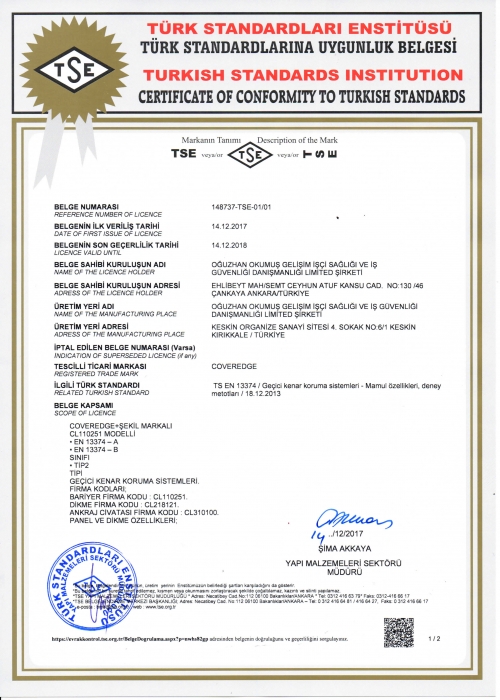 TSE 13374 BELGELİ İŞ GÜVENLİĞİ BARİYERLERİ